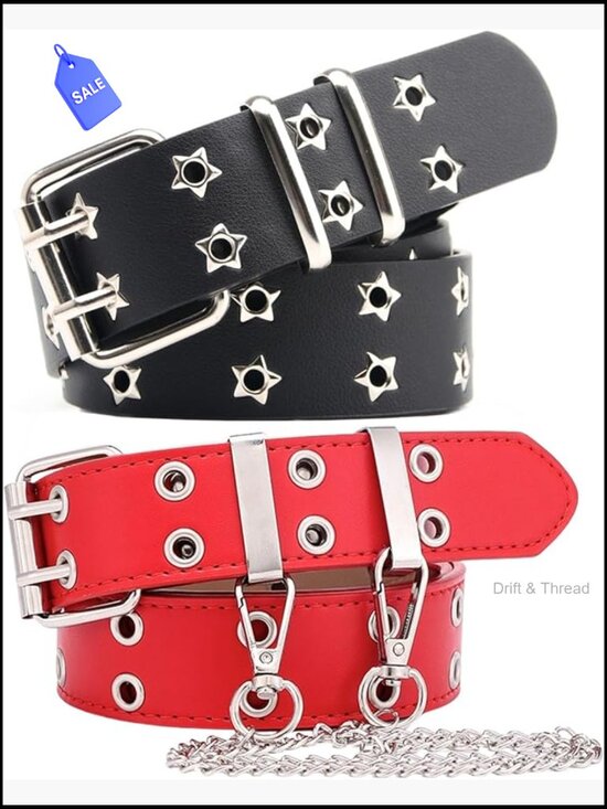 Double Grommet Studded Punk Belt with Detachable Chain